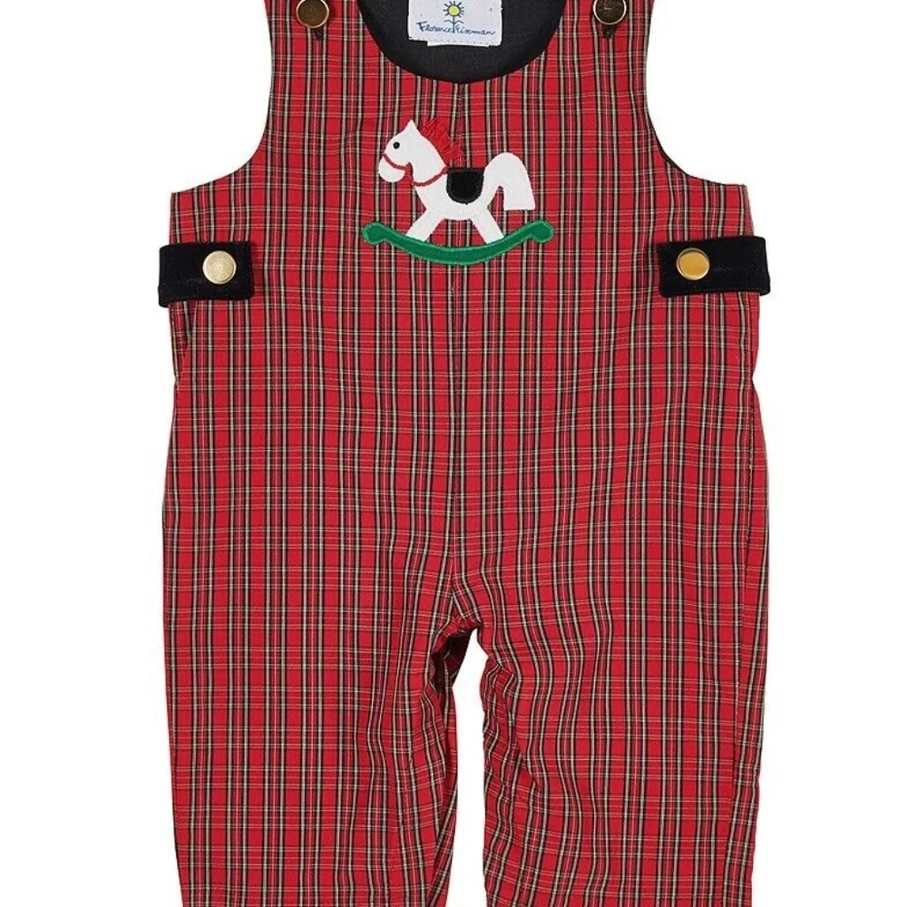 Florence Eiseman NWT Baby Boy Red Holiday Plaid Rocking Horse Longall Overall 9M